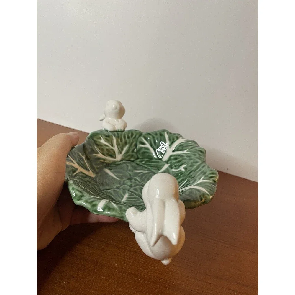 NEW- Maxcera, EASTER Bunny Rabbits Cabbage Green White Ceramic Candy Bowl Decor